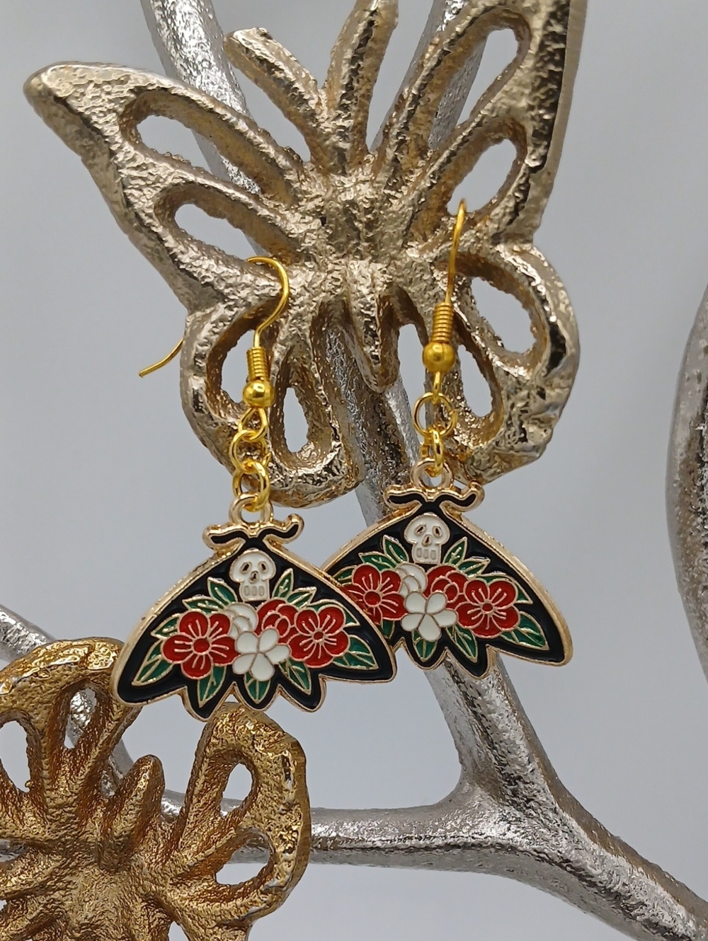 Gold-Tone Floral Skull Drop Earrings